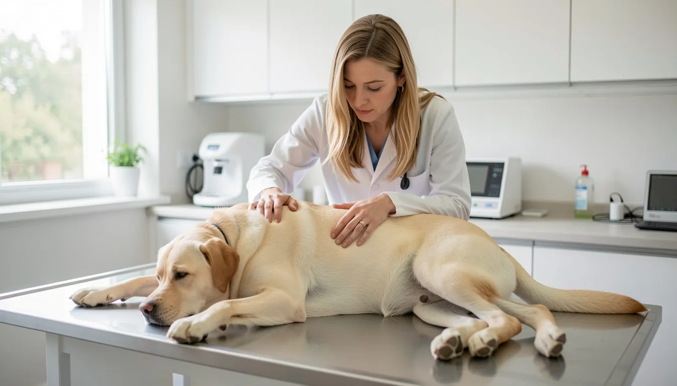 Vétérinaire en blouse examinant de ses mains le flanc d'un Labrador sable couché sur une table de consultation, dans un cabinet lumineux
