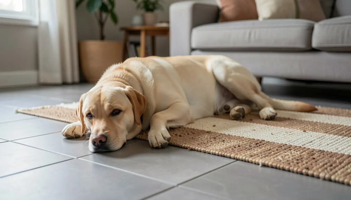 Labrador sable couché sur un sol de carreaux gris mats, à côté d'un tapis tressé, dans un salon aux lumières douces