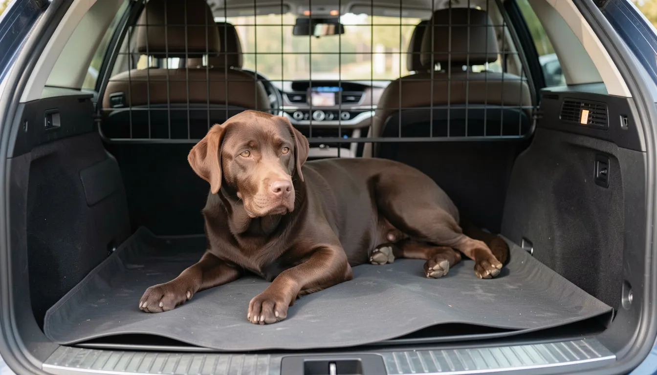 Labrador chocolat couché sur un tapis de protection dans le coffre d'un break, derrière une grille métallique de séparation