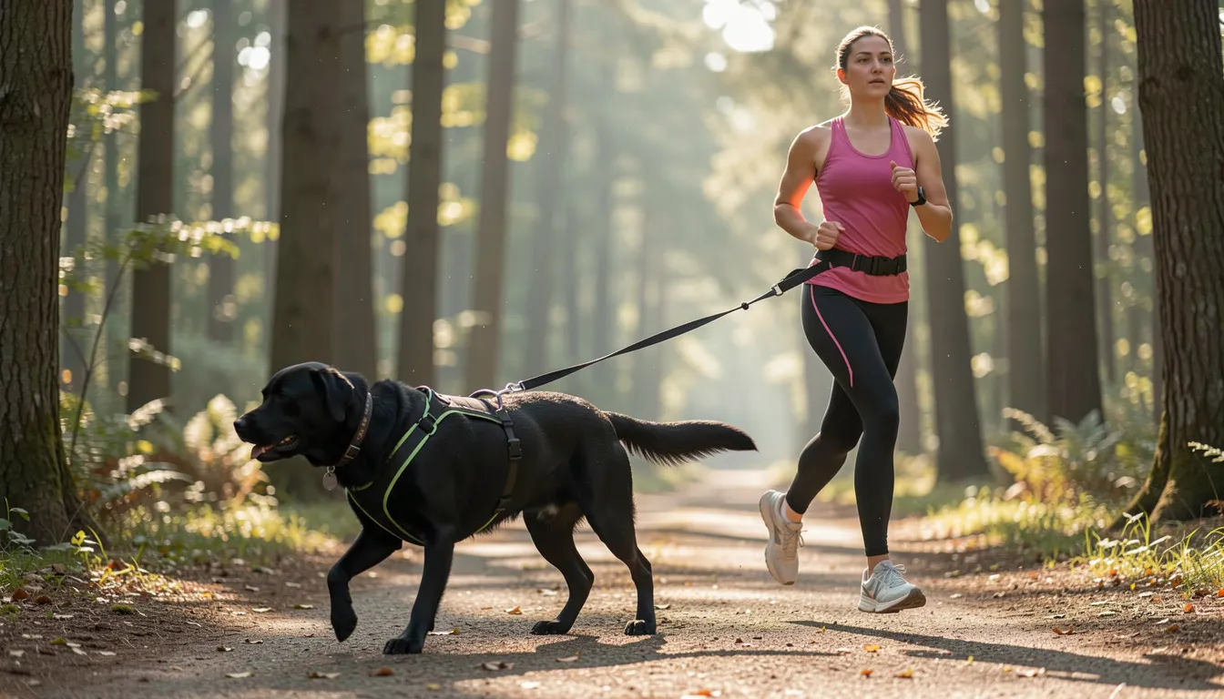 Labrador noir courant attelé à une coureuse sur un chemin forestier, une ligne élastique reliant son harnais à la ceinture de sa maîtresse, lumière du matin